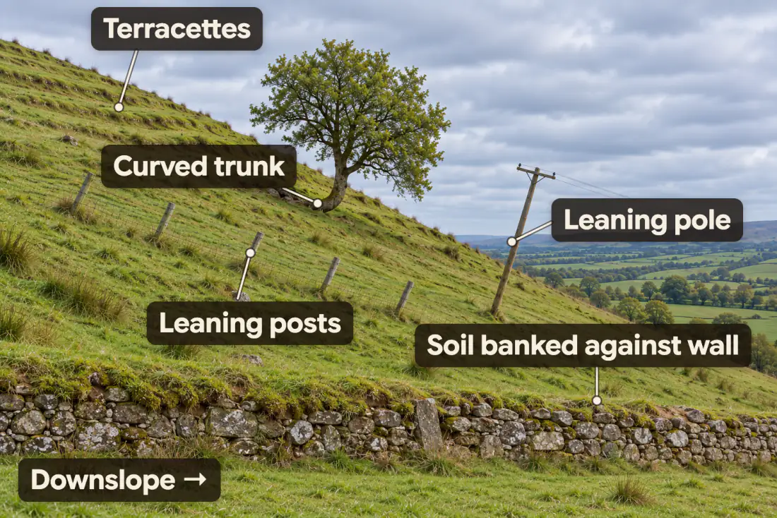 Labelled soil creep diagram: an Irish hillside falling from left to right, showing terracettes across the upper slope, a tree with a trunk curved at the base, fence posts and a telegraph pole leaning downslope, and soil banked up against the uphill side of a dry-stone wall at the foot of the slope.