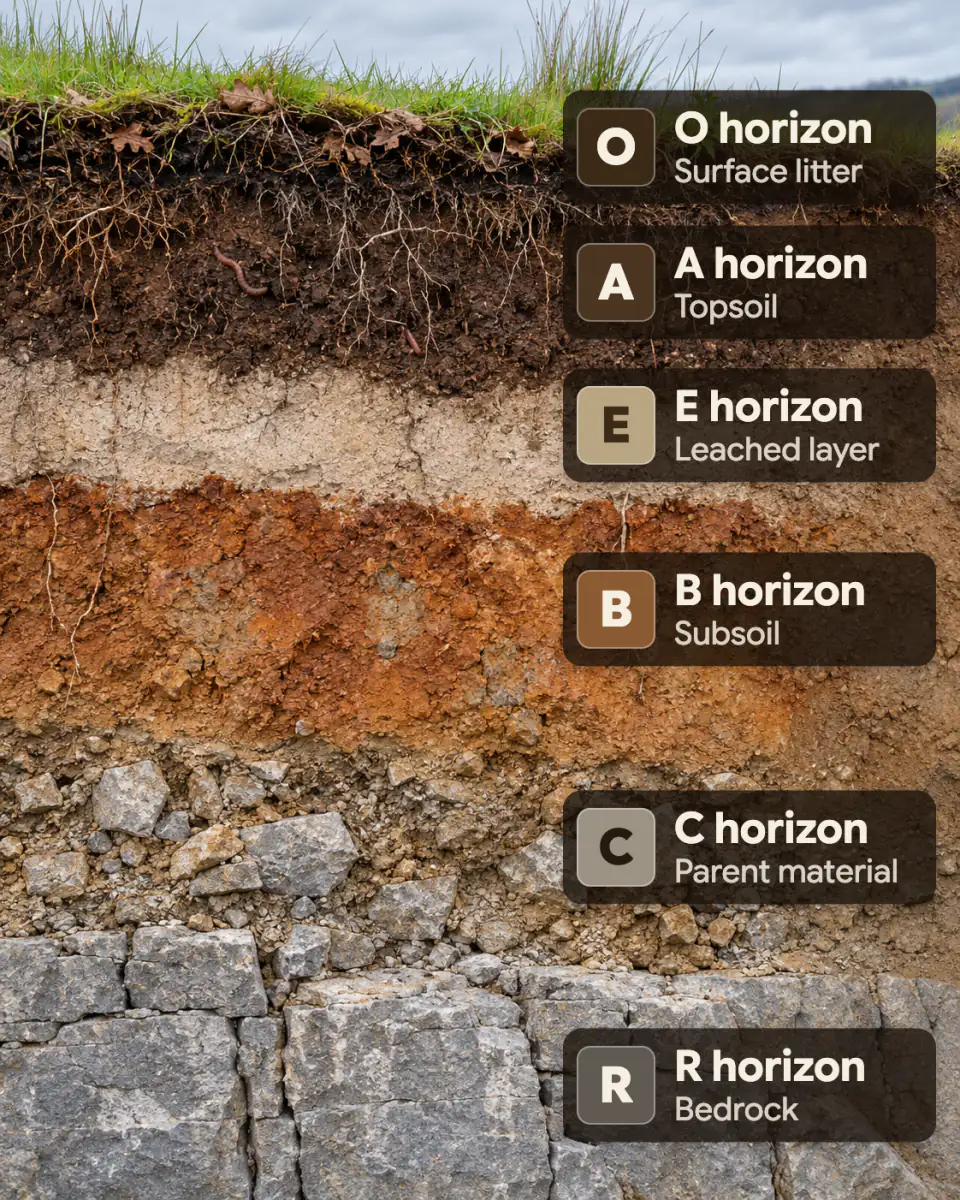 Labelled soil profile diagram: a cross-section through Irish soil showing the O horizon of surface litter, dark A horizon topsoil, pale leached E horizon, rusty orange B horizon subsoil, C horizon of broken parent rock, and grey limestone R horizon bedrock.